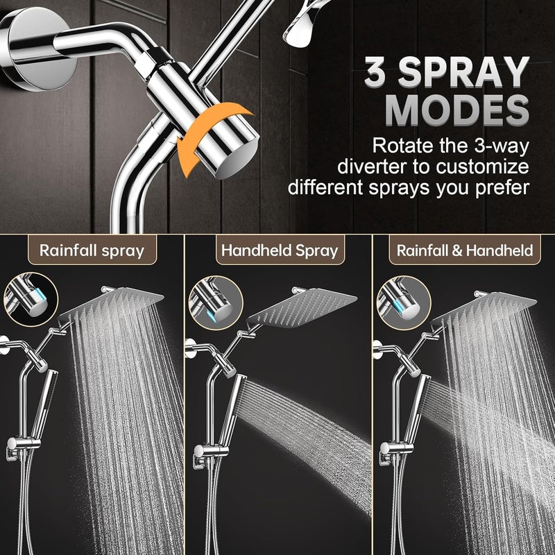 Veken All Metal 10" Shower Head with Handheld, Luxurious Square Double Rain Shower Heads with Spray Combo, Dual High Pressure Detachable Rainfall Showerhead with Extension Arm, Long Hose,Chrome,Sliver - Image 3
